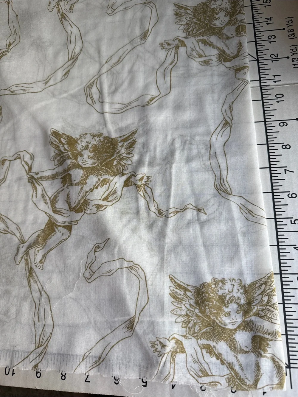 1¾ Yds Vintage Style Cherub Voile Fabric 58” Wide Semi Sheer Ivory Gold Romantic